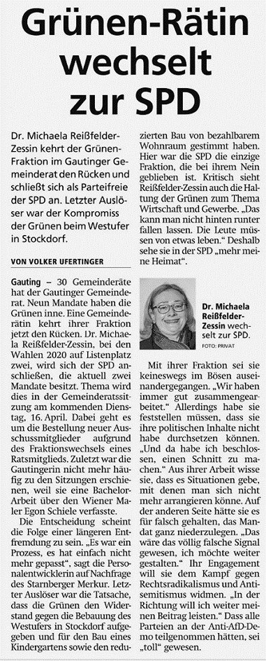 Gauting GRÜNE 2024-04-13 Reißfelder-Zessin wechselt zur SPD auch wg Stanz-Schmidt StaM 85